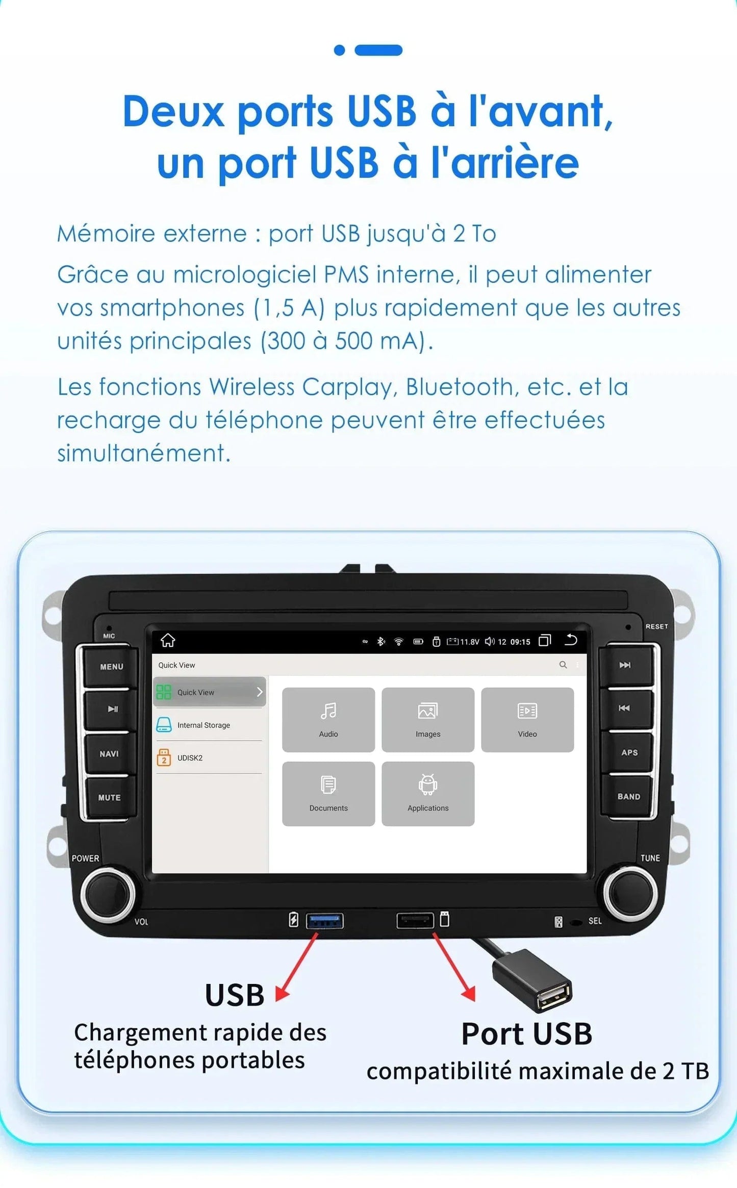 Autoradio connecté Android Auto et Apple CarPlay pour Volkswagen VW Passat (2005 à 2013)