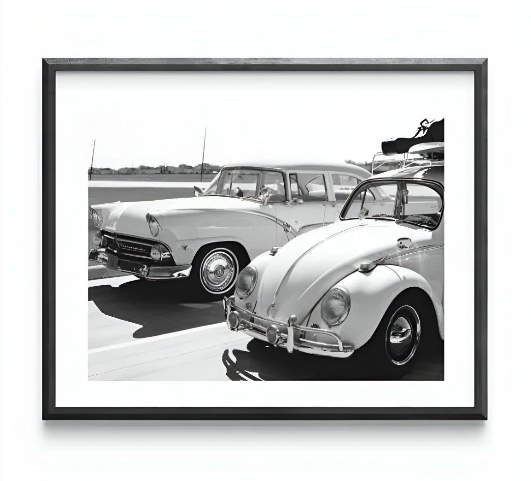 Affiche noir et blanc vintage voiture ancienne VW Coccinelle Beetle