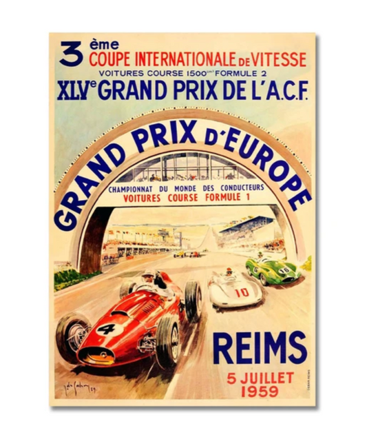 Poster de voiture F1 vintage Grand Prix de Reims 1959